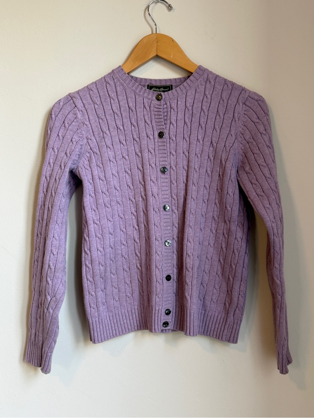 Eddie Bauer Cardigan Size S Lavender Cotton Cable Knit Button Front
